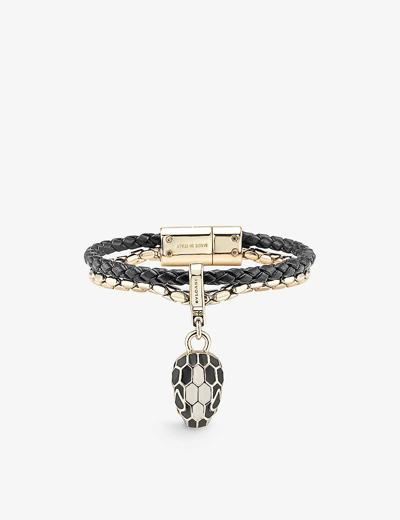 Shop Bvlgari Womens Black Serpenti Forever Leather And Yellow Gold-plated Brass Bracelet