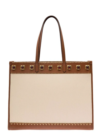 Shop Etro 'crown Me'  White And Brown  Shopping Bag With Square Studs In Canvas Woman In Beige