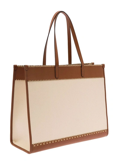 Shop Etro 'crown Me'  White And Brown  Shopping Bag With Square Studs In Canvas Woman In Beige