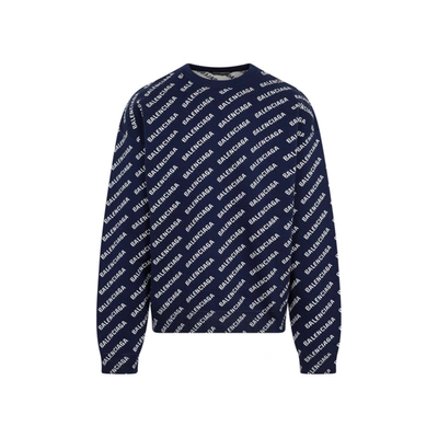 Shop Balenciaga All-over Crewneck Cotton Sweater In Blue