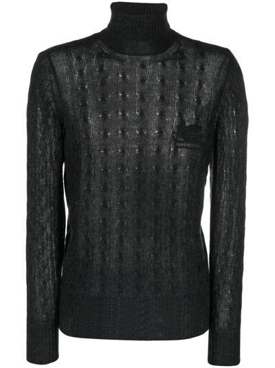 Shop Etro Roll-neck Cashmere Cable-knit Jumper In Grey