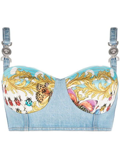 Shop Versace Butterflies-print Bustier Top In Blue