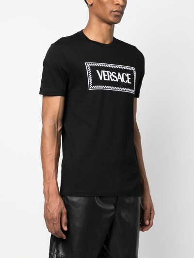 Versace Black Crewneck T-shirt With Contrasting Logo Lettering Print In Cotton