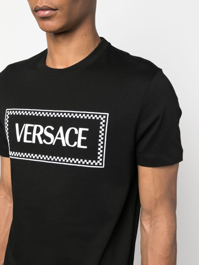 Versace Black Crewneck T-shirt With Contrasting Logo Lettering Print In Cotton