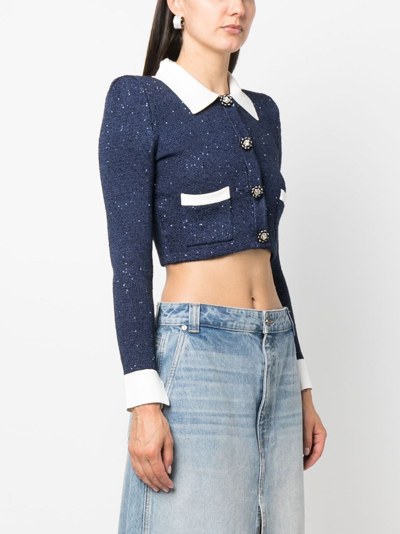 Shop Self-portrait Cropped Knitted Jacket In Blue