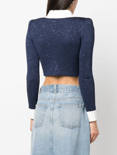 Shop Self-portrait Cropped Knitted Jacket In Blue