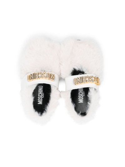 Shop Moschino Logo-lettering Leather Ballerina Shoes In White
