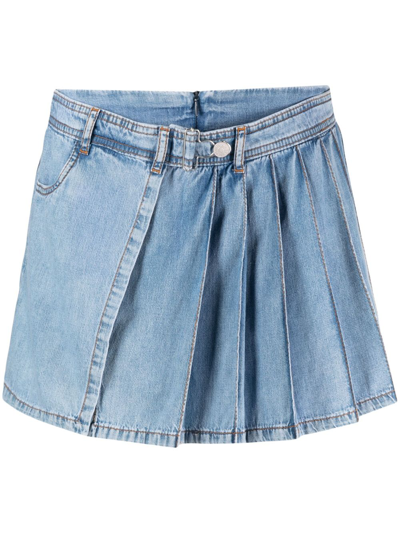 Shop Moschino Pleated Layered Denim Shorts In Blue