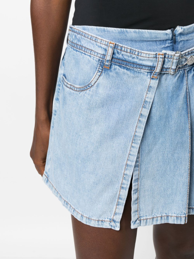 Shop Moschino Pleated Layered Denim Shorts In Blue