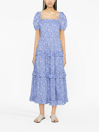 Shop Polo Ralph Lauren Floral-print Puff-sleeves Dress In Blue