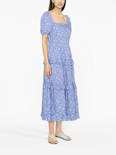 Shop Polo Ralph Lauren Floral-print Puff-sleeves Dress In Blue