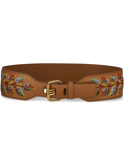 Shop Etro Leaf-embroidery Leather Belt In Brown