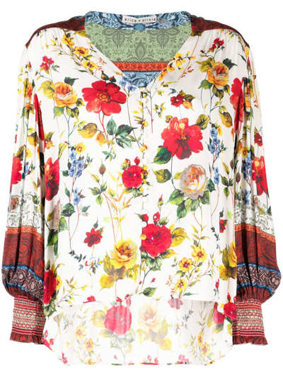 Shop Alice And Olivia Serena Floral-print Blouse In White