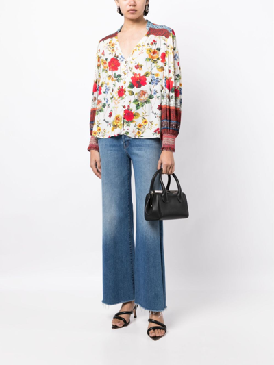 Alice And Olivia Serena Floral-print Blouse In White