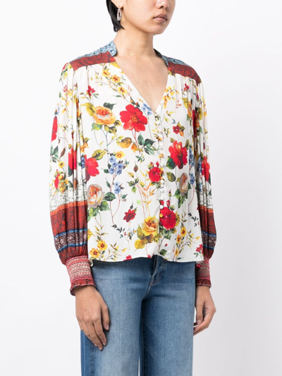 Shop Alice And Olivia Serena Floral-print Blouse In White