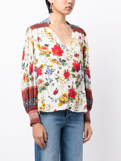 Alice And Olivia Serena Floral-print Blouse In White