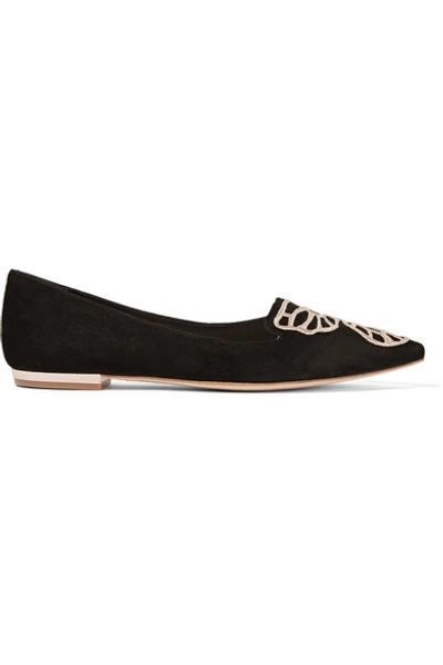 Shop Sophia Webster Bibi Butterfly Embroidered Suede Point-toe Flats In Black