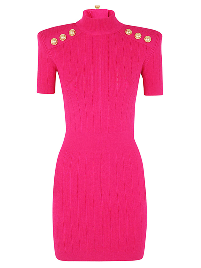 Shop Balmain Ss High-neck Buttoned Knit Short Dress In Am Rose Fuchsia