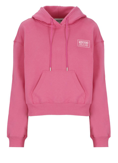 Shop Moschino Jeans Logo Embroidered Drawstring Hoodie In Pink