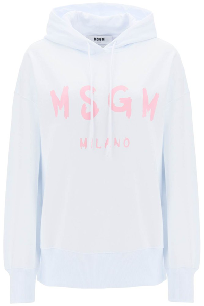 Shop Msgm Logo Printed Drawstring Hoodie In White