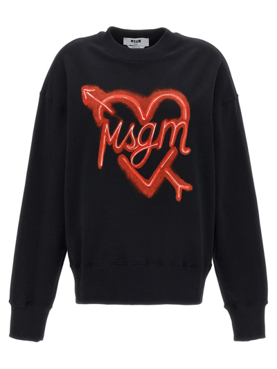 Shop Msgm Heart Printed Crewneck Sweatshirt In Black