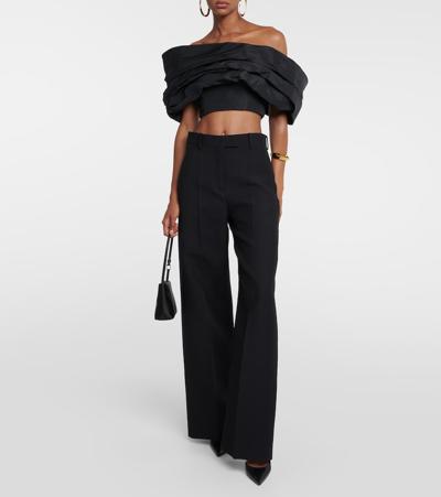 Shop Nina Ricci Off-shoulder Twill Crop Top In Black