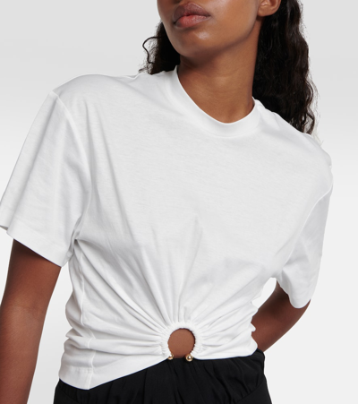 Rabanne White Crewneck Top With Short Sleeves And Ruched Cut-out On The Front In Cotton Woman In White