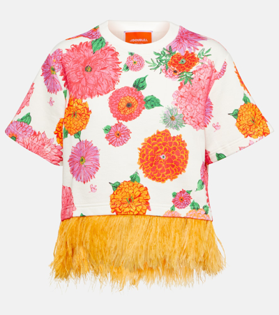 Shop La Doublej La Scala Feather-trimmed Floral Cotton Top In Multicoloured