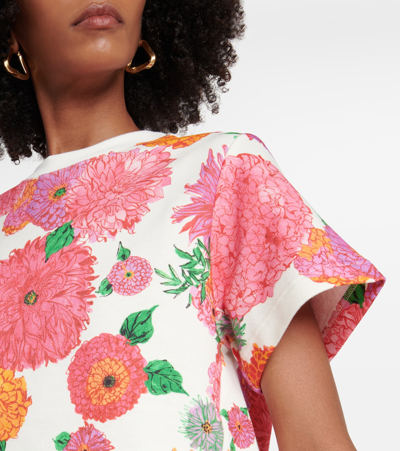 Shop La Doublej La Scala Feather-trimmed Floral Cotton Top In Multicoloured