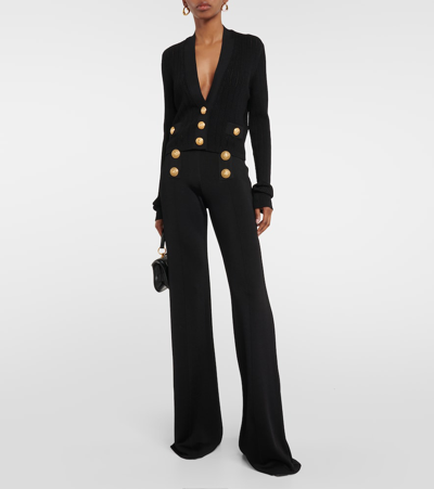 Balmain Cropped Knit Viscose Cardigan In Black
