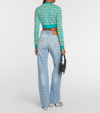 Shop Versace Allover Cotton-blend Cropped Cardigan In Blue