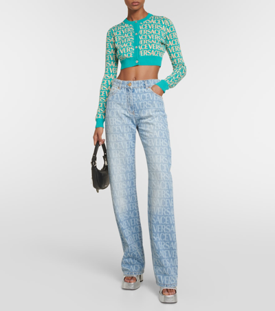 Shop Versace Allover Cotton-blend Cropped Cardigan In Blue