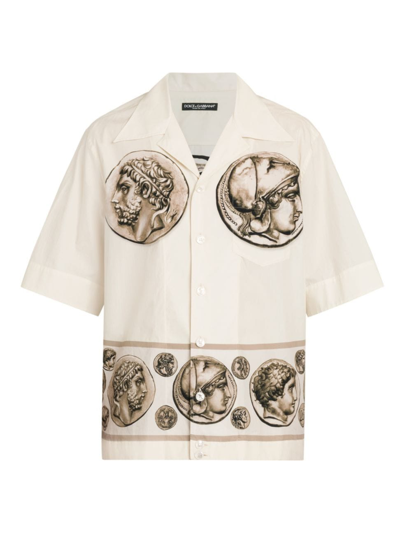 Shop Dolce & Gabbana Men's Coin Poplin Camp Shirt In Monete Fondo Latte