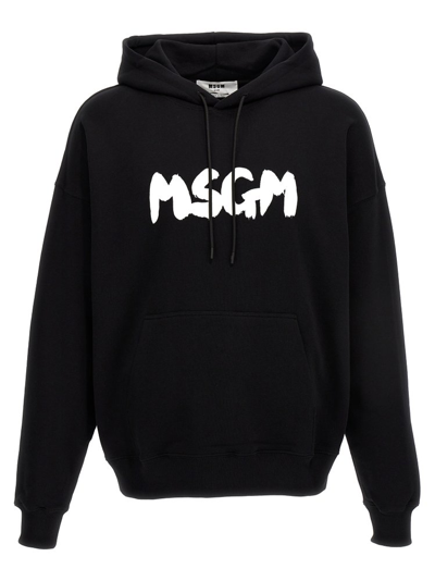 Shop Msgm Logo Printed Drawstring Hoodie In Black
