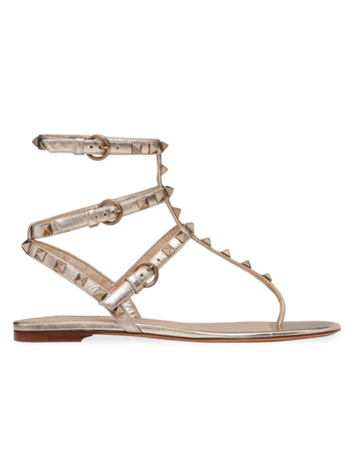 Shop Valentino Women's Rockstud Metallic Flat Flip-flop Sandals In Skin