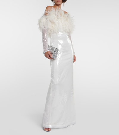 Shop David Koma Off-shoulder Sequined Feather-trimmed Gown In White