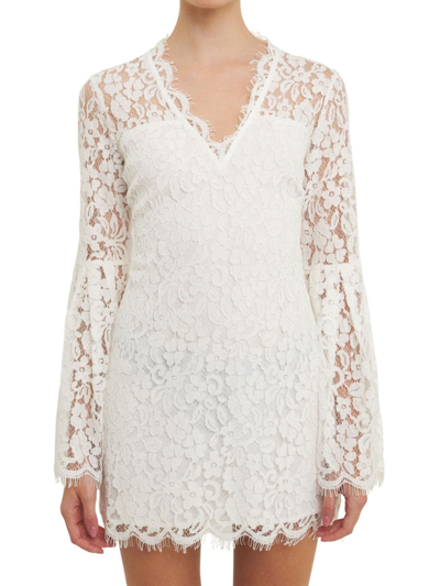 Shop Endless Rose Women's Bell Sleeves V Neck Lace Dress In Ivory