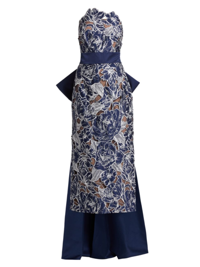 Shop Marchesa Notte Women's Floral Strapless Bow Gown In Navy
