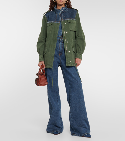 Shop Chloé Utility Denim-trimmed Cotton-blend Jacket In Green
