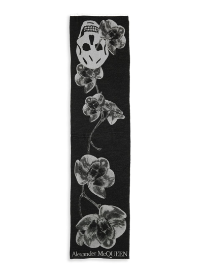 Shop Alexander Mcqueen Women's Orchid Skull Wool-silk Scarf In Black Ivory