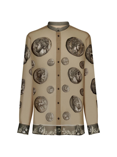 Shop Dolce & Gabbana Men's Coin Silk Shirt In Monete Beige