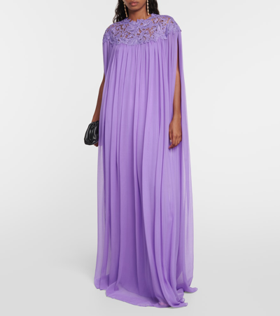 Shop Oscar De La Renta Lace-trimmed Silk Crêpe Gown In Purple