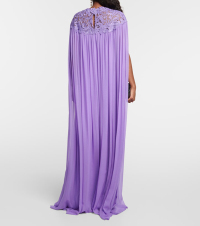 Shop Oscar De La Renta Lace-trimmed Silk Crêpe Gown In Purple