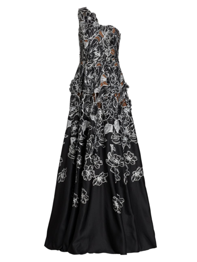 Shop Marchesa Notte Women's Floral-embroidered One-shoulder Gown In Black