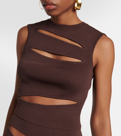 Shop Christopher Esber Cutout Ribbed-knit Top In Brown
