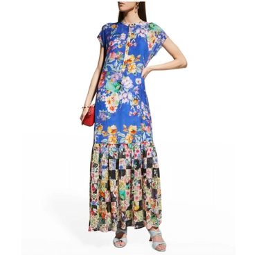 Shop Johnny Was Sky Flower Alba Flounce Ruffled Maxi Slip Dress In Multi