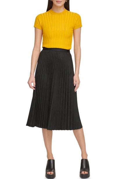 Shop Dkny Faux Suede Pleated Skirt In Black