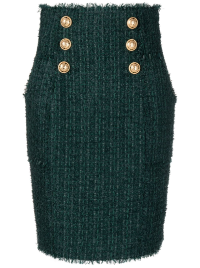 Balmain Tweed Double-breasted Pencil Skirt In Green