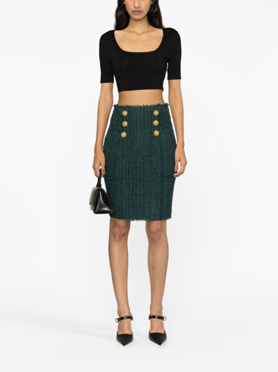 Shop Balmain Button-detail Tweed Pencil Skirt In Green