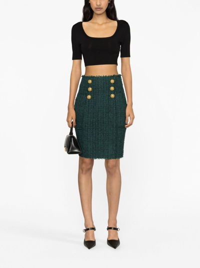 Balmain Tweed Double-breasted Pencil Skirt In Green